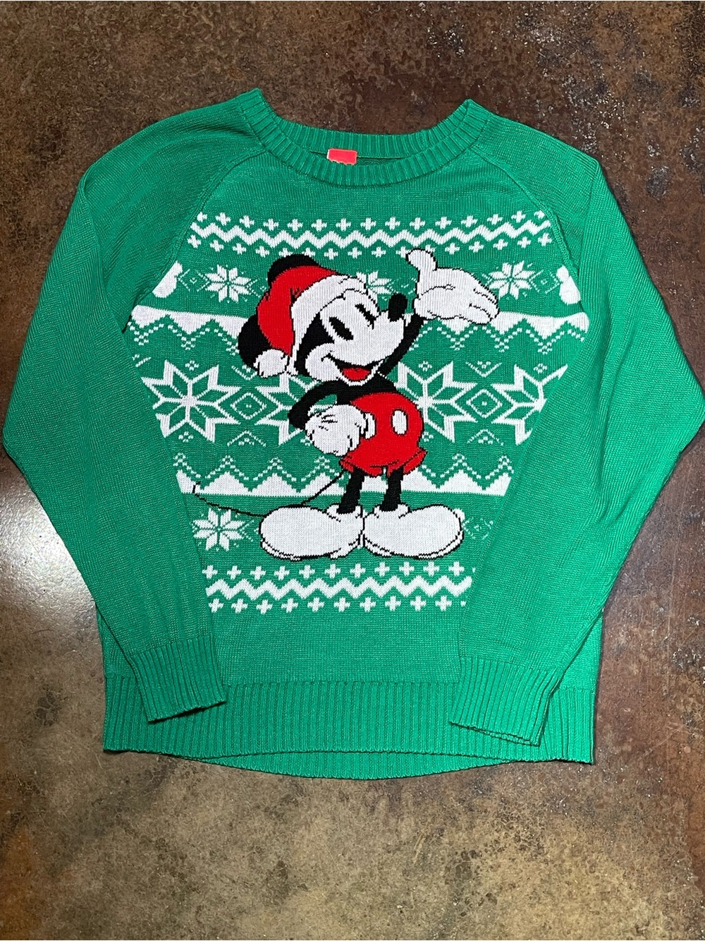 Disney Green Mickey Mouse Christmas Sweater with Red & White Accents